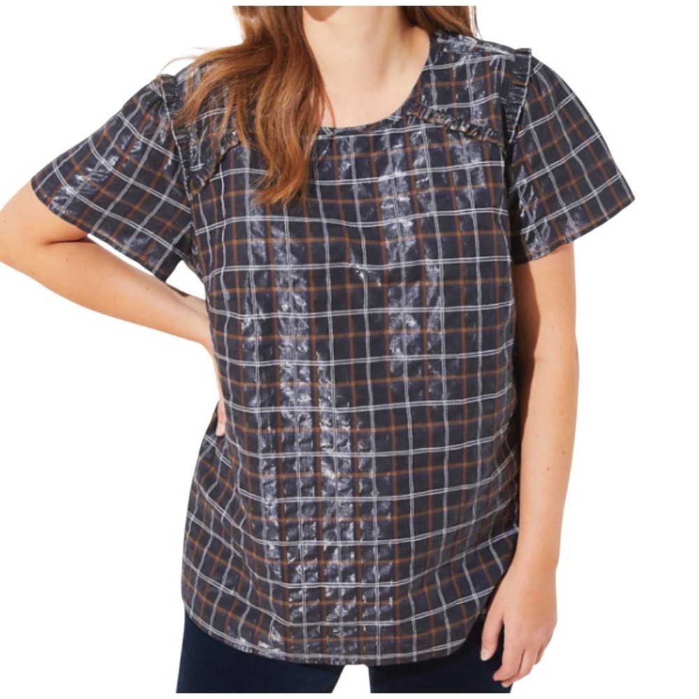 LOFT PLAID SHIMMER TOP Tiny Ruffle Trim SPARKLE SHINE! Navy Blue Tan White SZ L